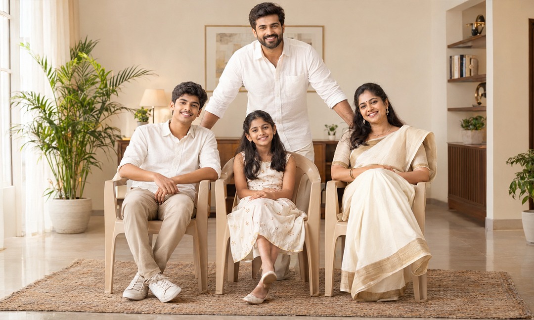 A family seated on VV National chairs at home