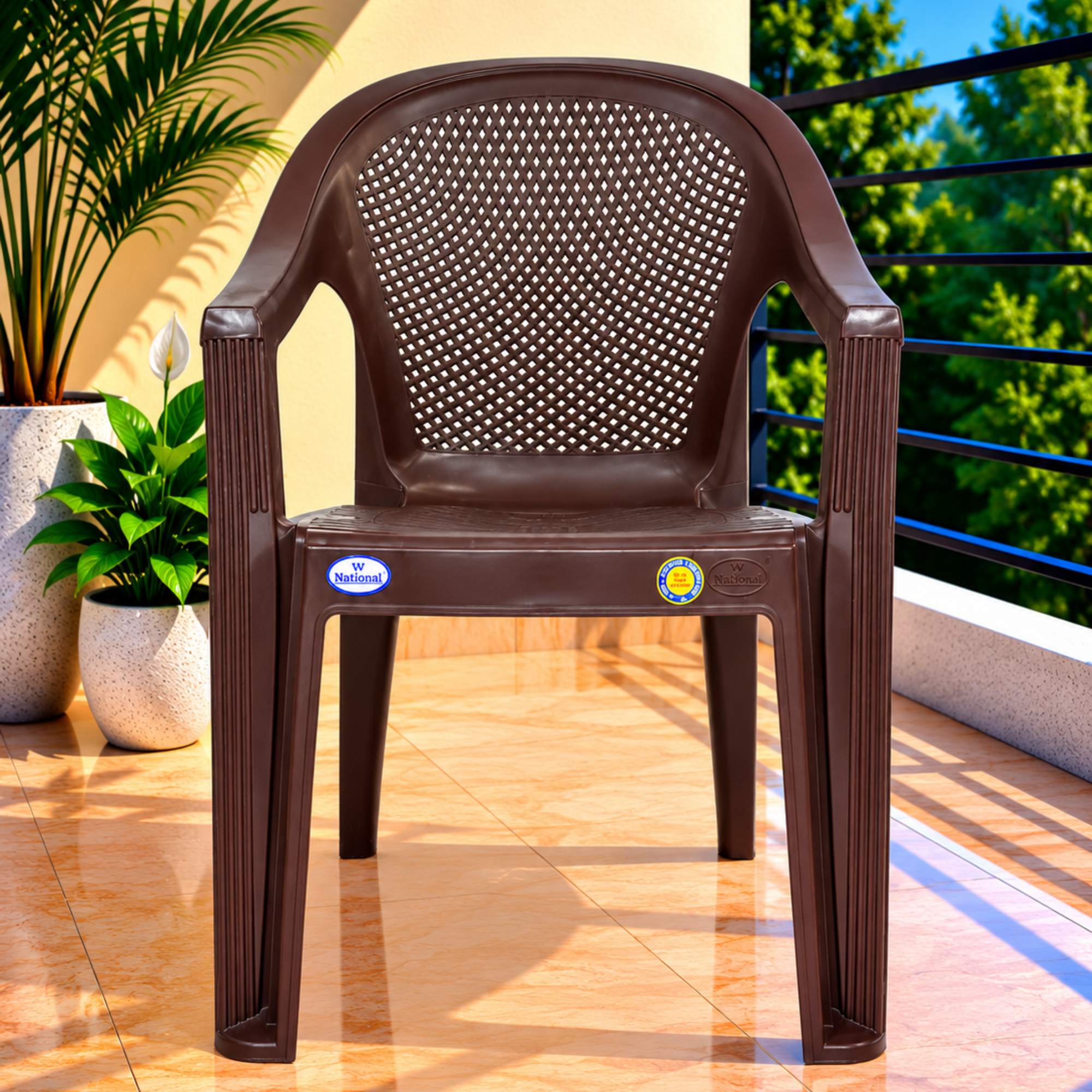 VV National Pilot Plastic Chair for Living Room | Pack of 2 | 2-Year Warranty | Arched Crown & Vertical Slatted Backrest (Brown)