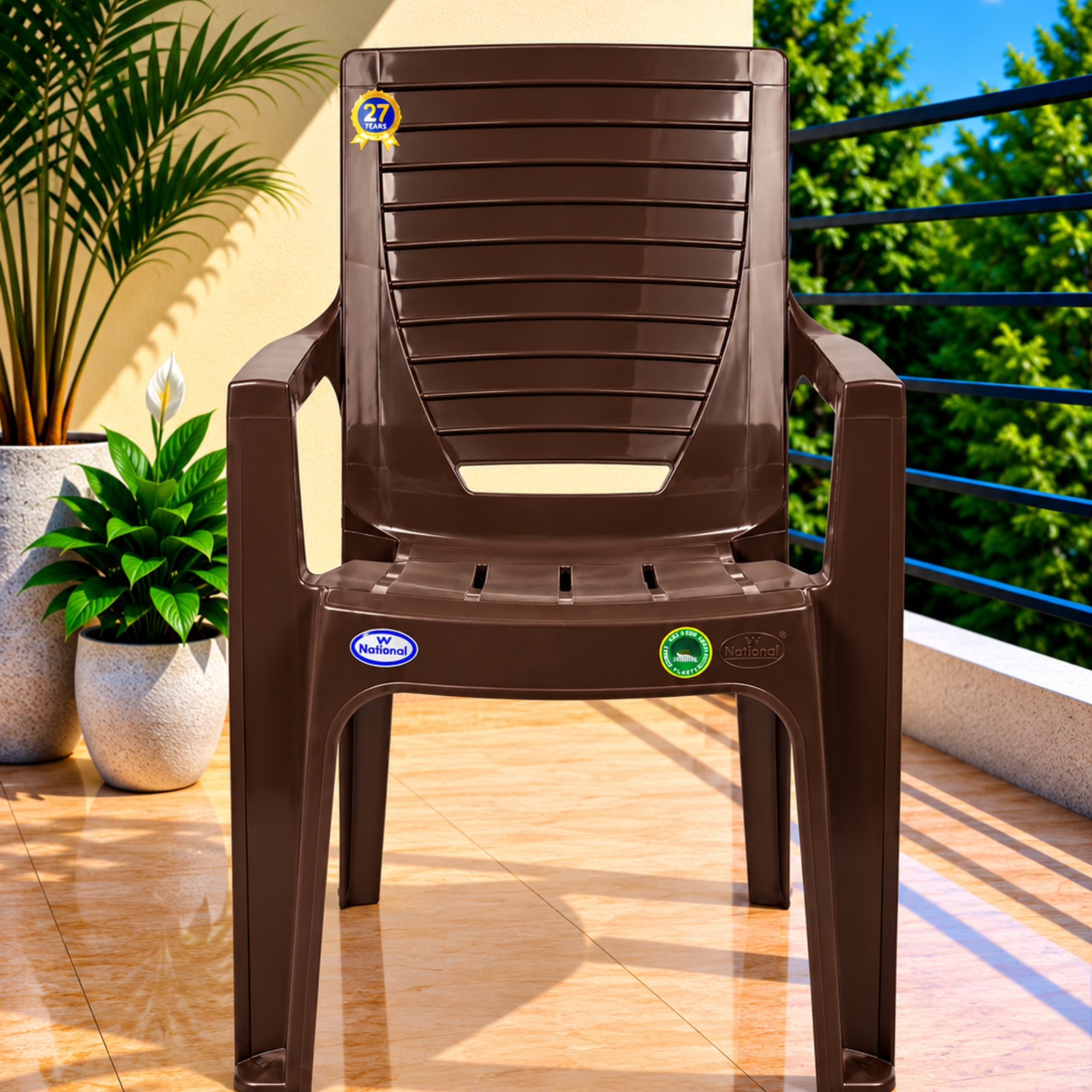 VV National Warrior Plastic Chair for Living Room | Pack of 2 | 2-Year Warranty | Multi-Slot High Backrest (Brown)