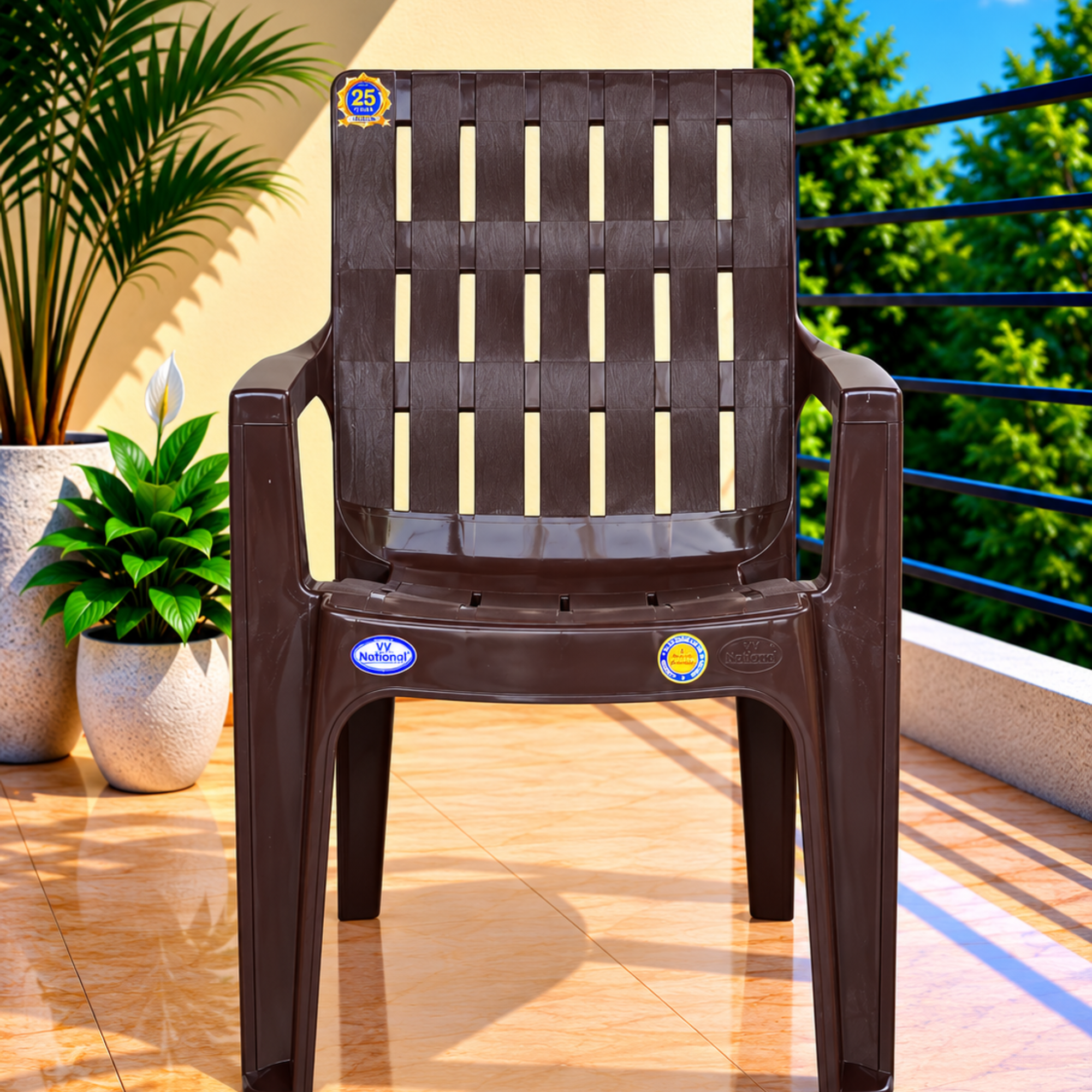 VV National Safeguard Plastic Armchair for Living Room | Pack of 2 | 2-Year Warranty | Vertical Segmented Grid Backrest (Brown)
