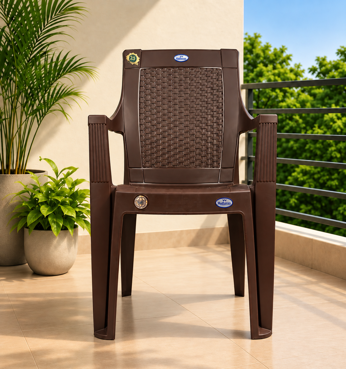 VV National Majestic Heavy-Duty Plastic Armchair | Woven Rattan Pattern Backrest | Stylish & Durable Chair for Home, Bal (Brown)