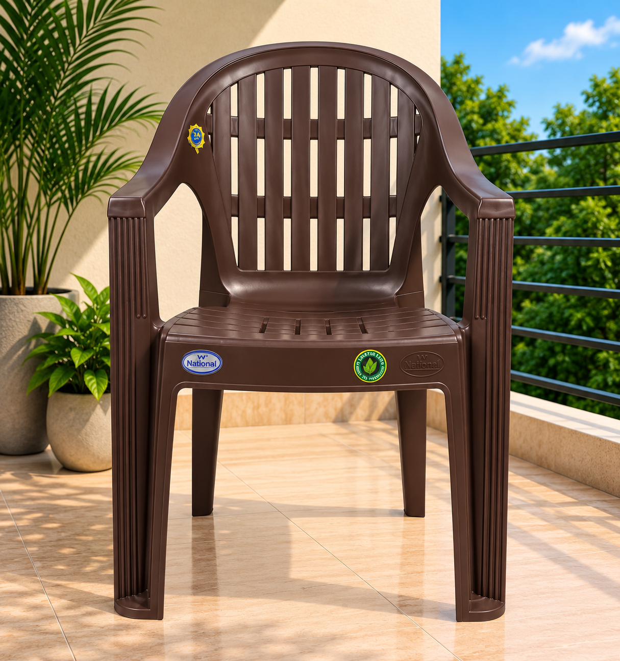 VV National Captain Premium Plastic Armchair – Heavy-Duty High-Back Chair with Curved Crown Top & Horizontal Ventilated (Brown)