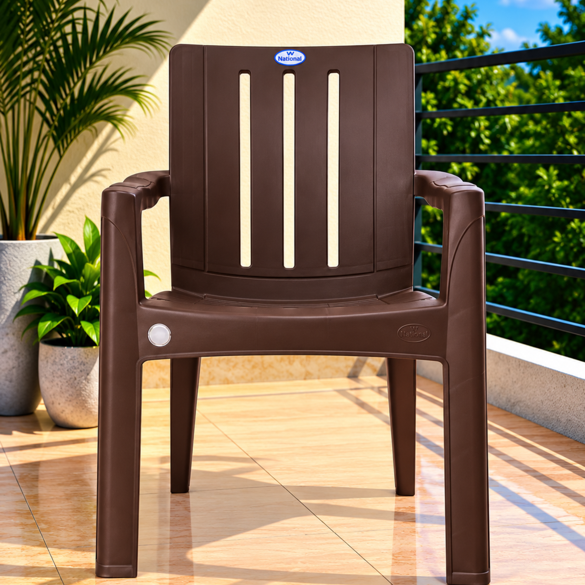 VV National Minister Premium Plastic Armchair with Straight High Back & Triple Vertical Cutouts – Pack of 2 Pcs (Brown)