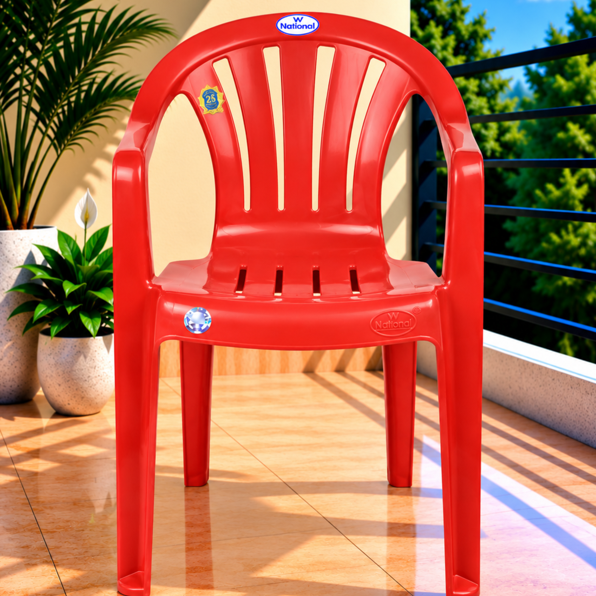 VV National Dior Plastic Chair for Living Room | Pack of 2 | 2-Year Warranty | Radiating Sunburst Backrest & Curved Crow (Red)