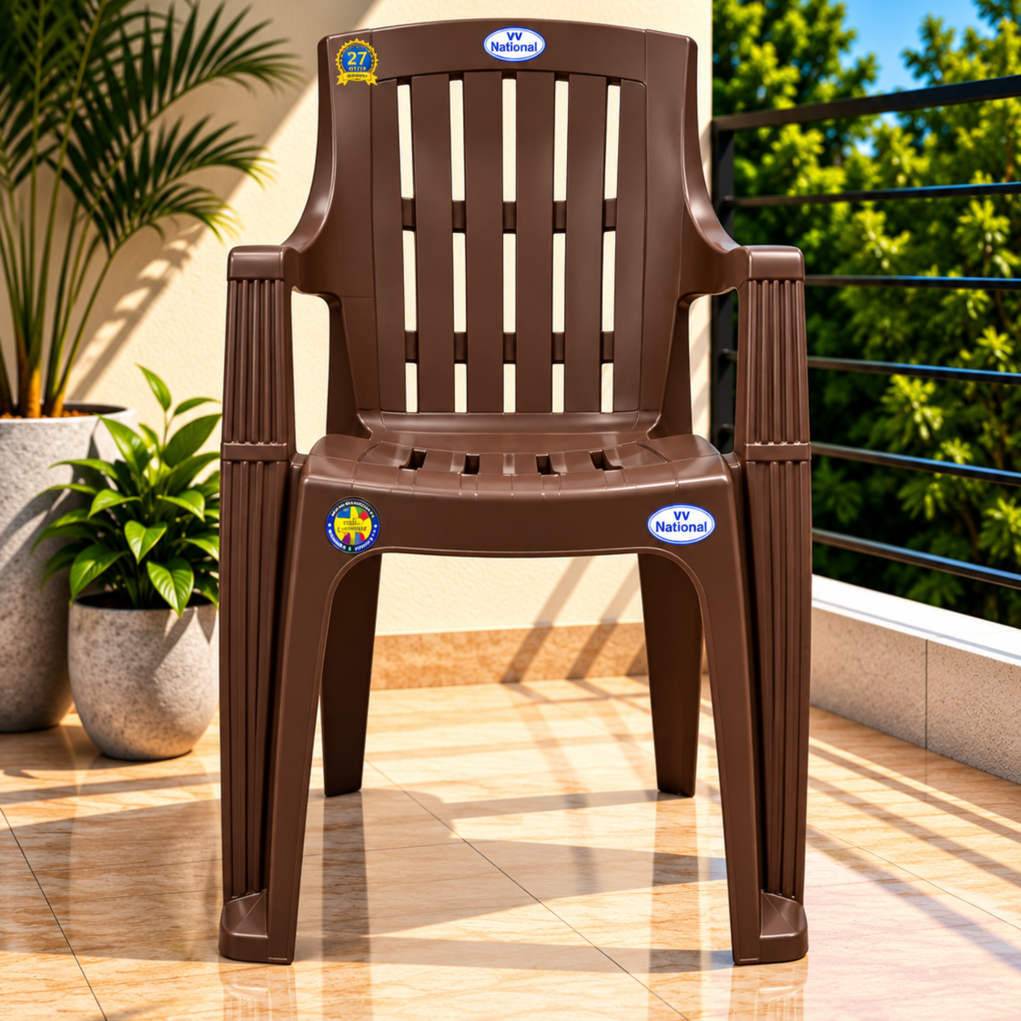 VV National Titan Plastic Chair for Living Room | Pack of 2 | 2-Year Warranty (Brown)